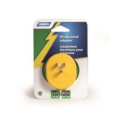 RV Power Cord Adapter Plugs - Power Grip Cord Adapter Plug - 15A-M - 30A-F - Yellow