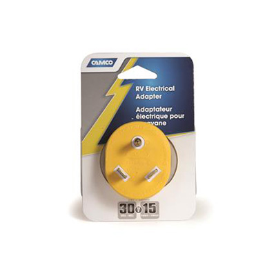 RV Power Cord Adapter Plug - Camco - Power Grip - 30A-M - 15A-F - Yellow
